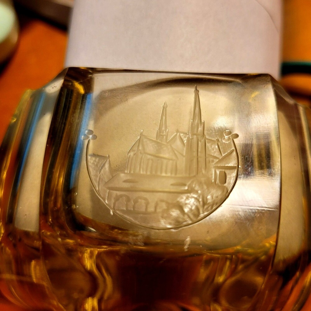 8 Side Glass Amber glass Ashtray Etched Bas Relief City 1 Side Unmarked